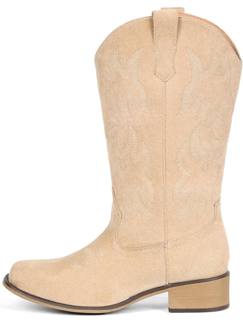 Women Suede Beige Square Toe Mid Calf Embroidered Western Low Heel Cowboy Boots - Picture 4 of 5